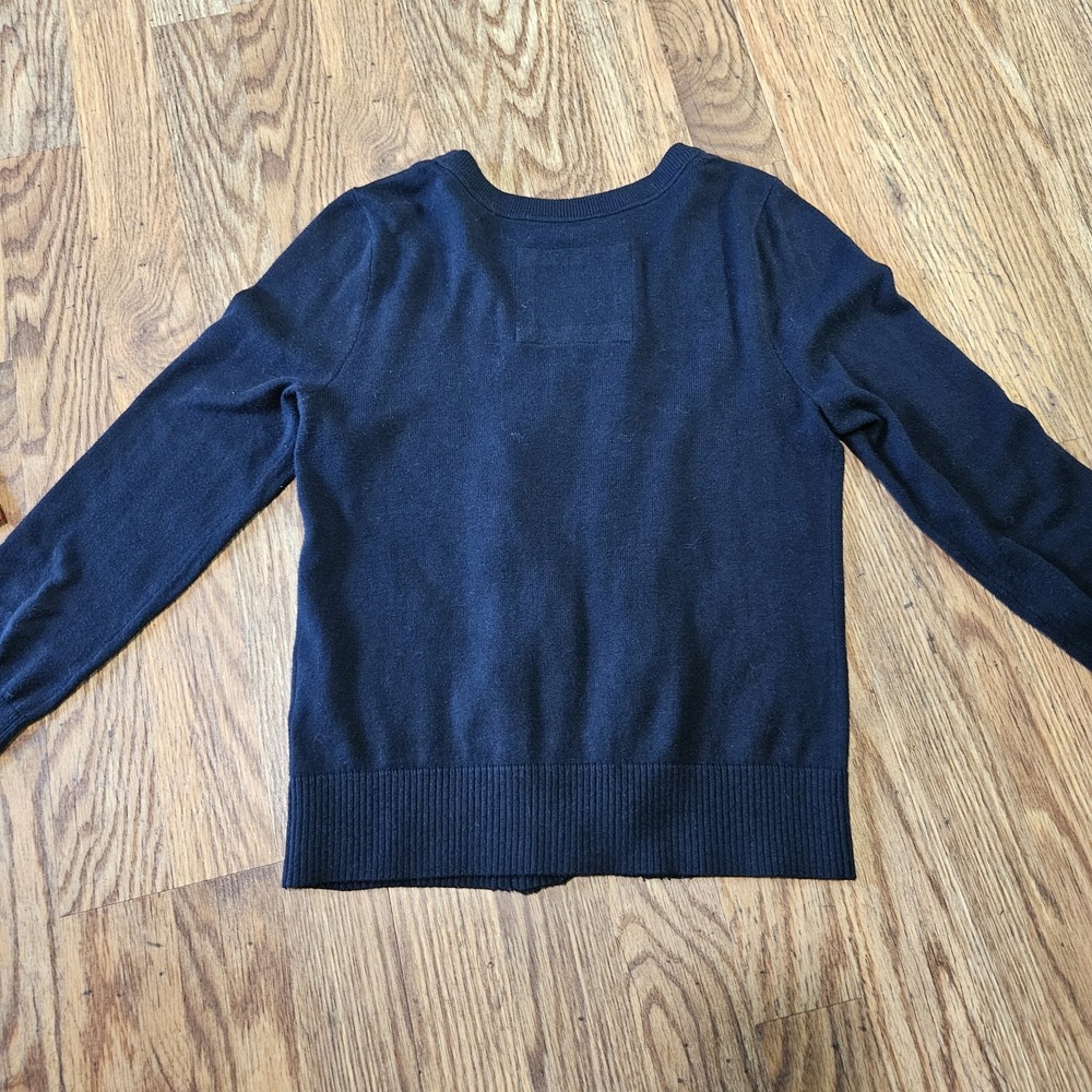 Y2K Abercrombie & Fitch S Women Navy Lace Chiffon Ruffle Cardigan Sweater Ribbed - Picture 10 of 11